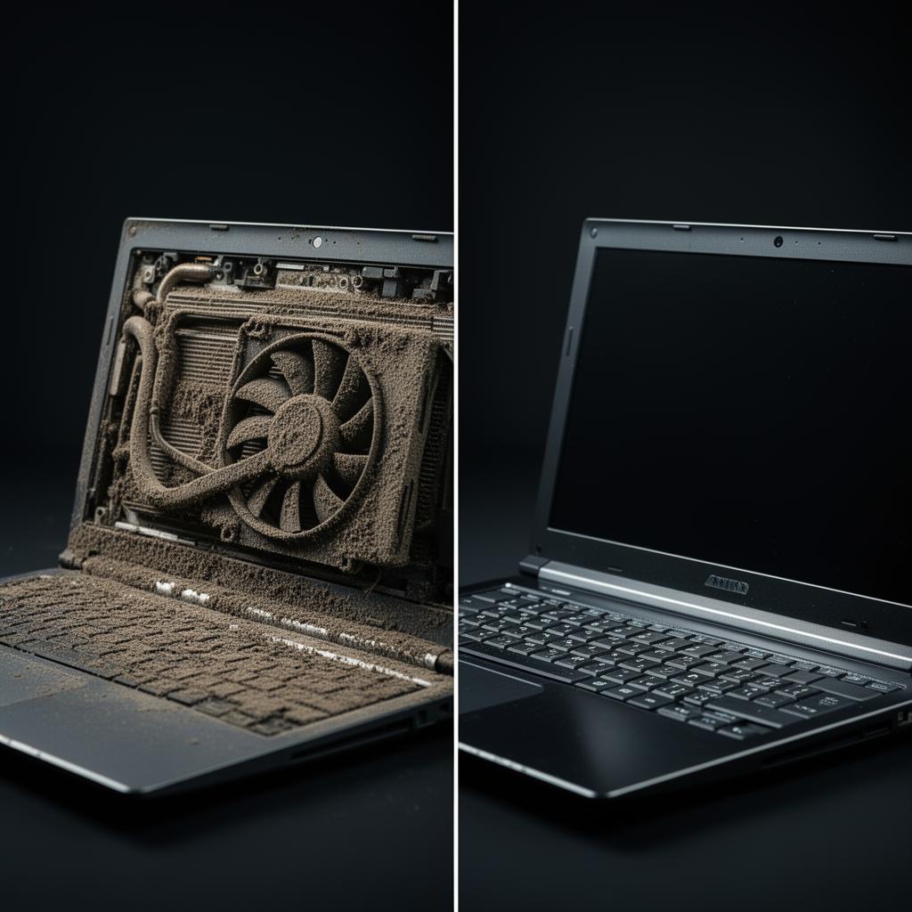 Comparação antes e depois: notebook coberto de poeira interna ao lado do mesmo equipamento limpo após manutenção